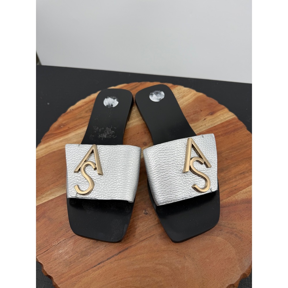 AllSaints klara Leather Slide Sandals Womens 38 Silver Gold Logo Square Toe Flat